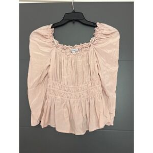 Express Pink Smocked Peplum Top Long Sleeve Ruffle Neck Viscose Womens XS